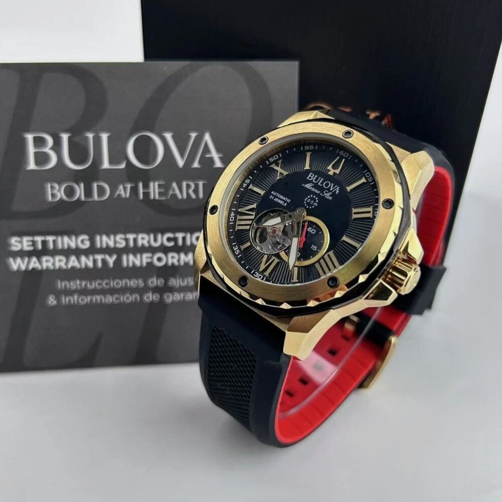 Bulova Marine Star Men's Automatic Watch Black Dial Rubber Strap 44mm